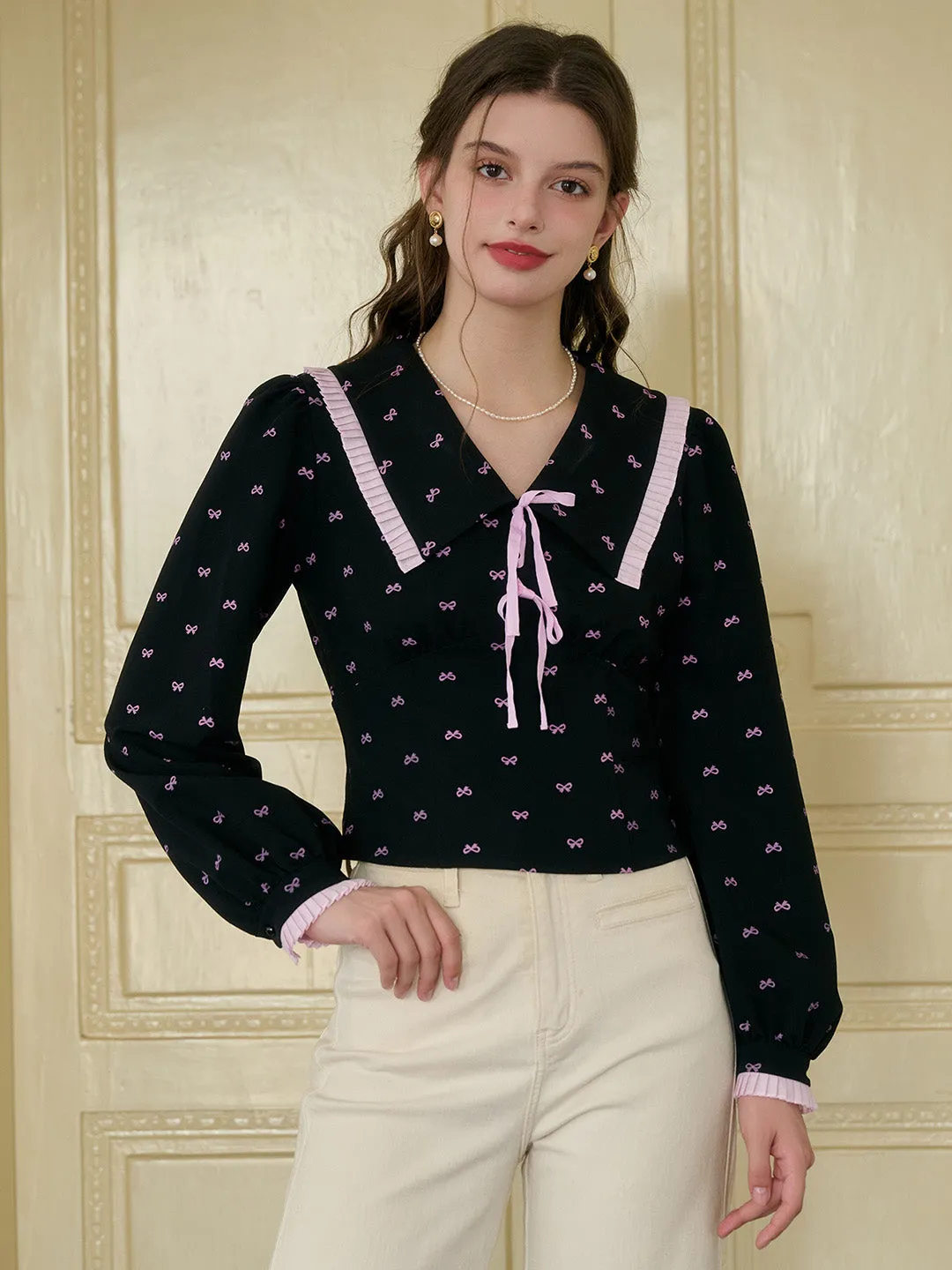 【Final Sale】Giselle V-neck Bow Contrasting Long Sleeve Blouse sold by Simple Retro product image thumbnail 3