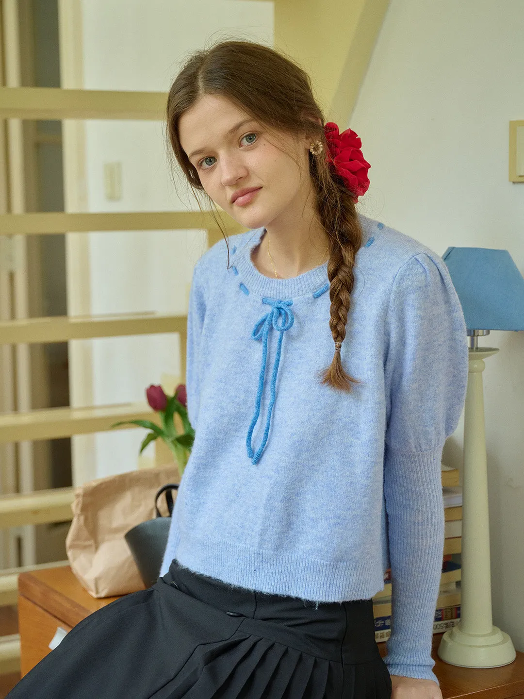 【Final Sale】Lauren Bow Tie Pullover Bubble Sleeve Sweater sold by Simple Retro product image thumbnail 5