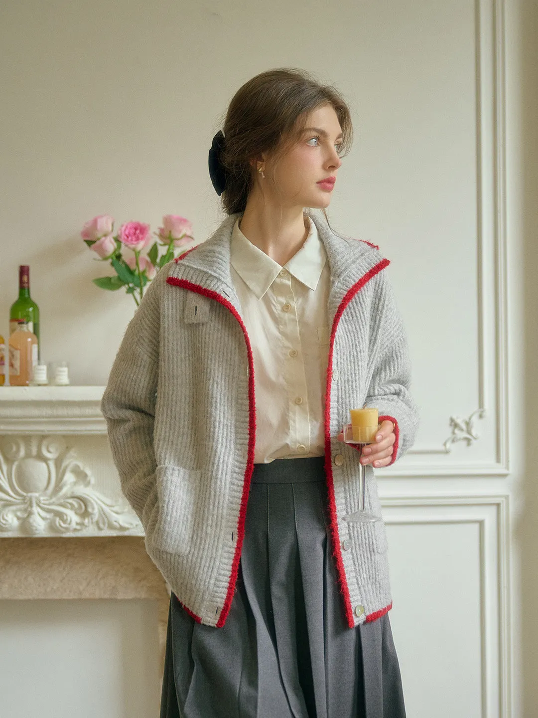 Ellis Lapel Contrasting Pocket Wool Cardigan - Gray sold by Simple Retro