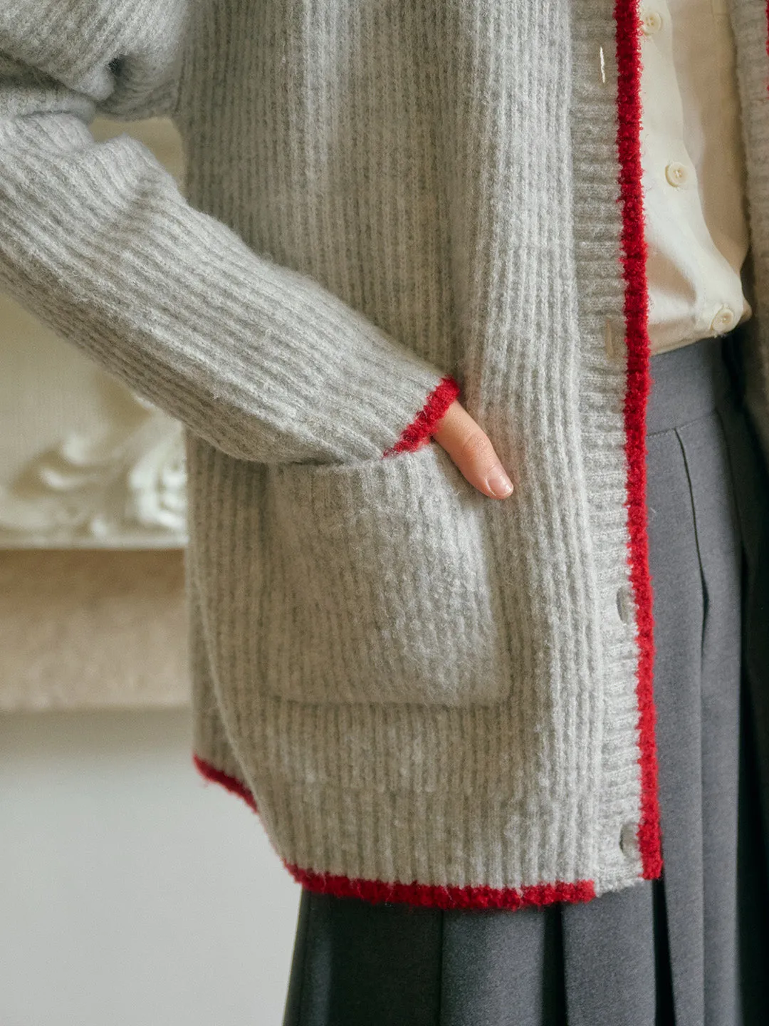 Ellis Lapel Contrasting Pocket Wool Cardigan - Gray sold by Simple Retro product image thumbnail 3