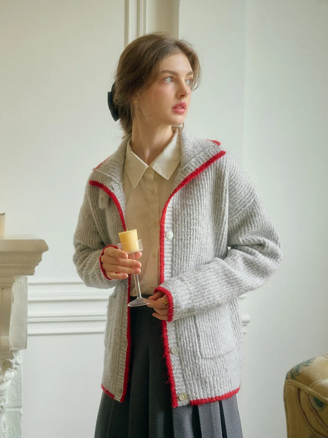 Ellis Lapel Contrasting Pocket Wool Cardigan - Gray sold by Simple Retro product image thumbnail 4