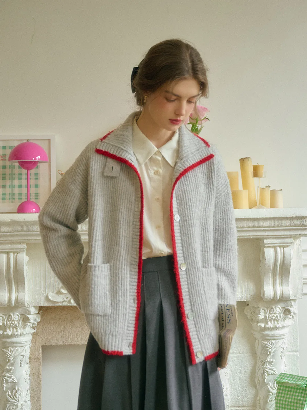 Ellis Lapel Contrasting Pocket Wool Cardigan - Gray sold by Simple Retro product image thumbnail 5