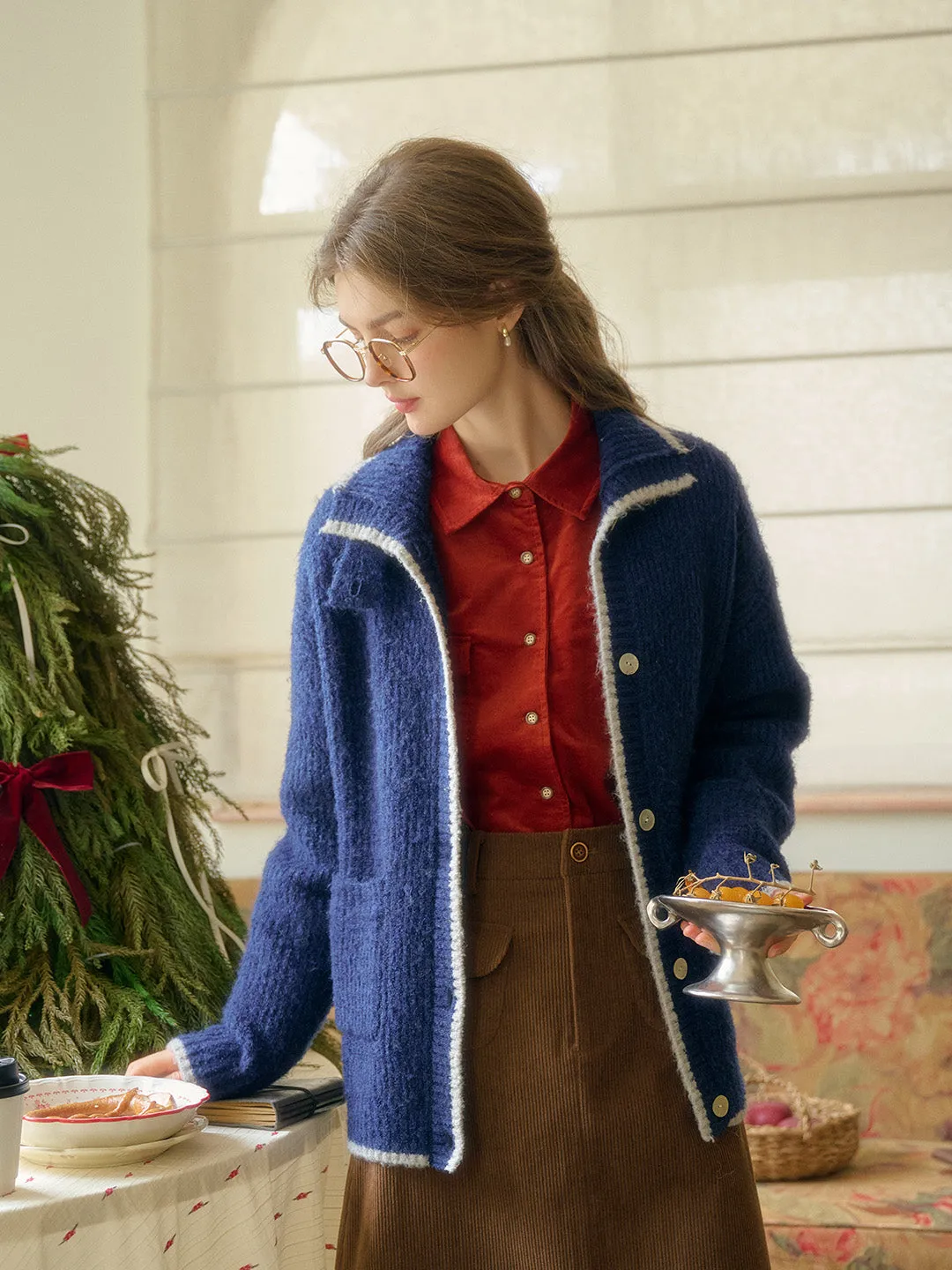 Ellis Lapel Contrasting Pocket Wool Cardigan - Blue sold by Simple Retro