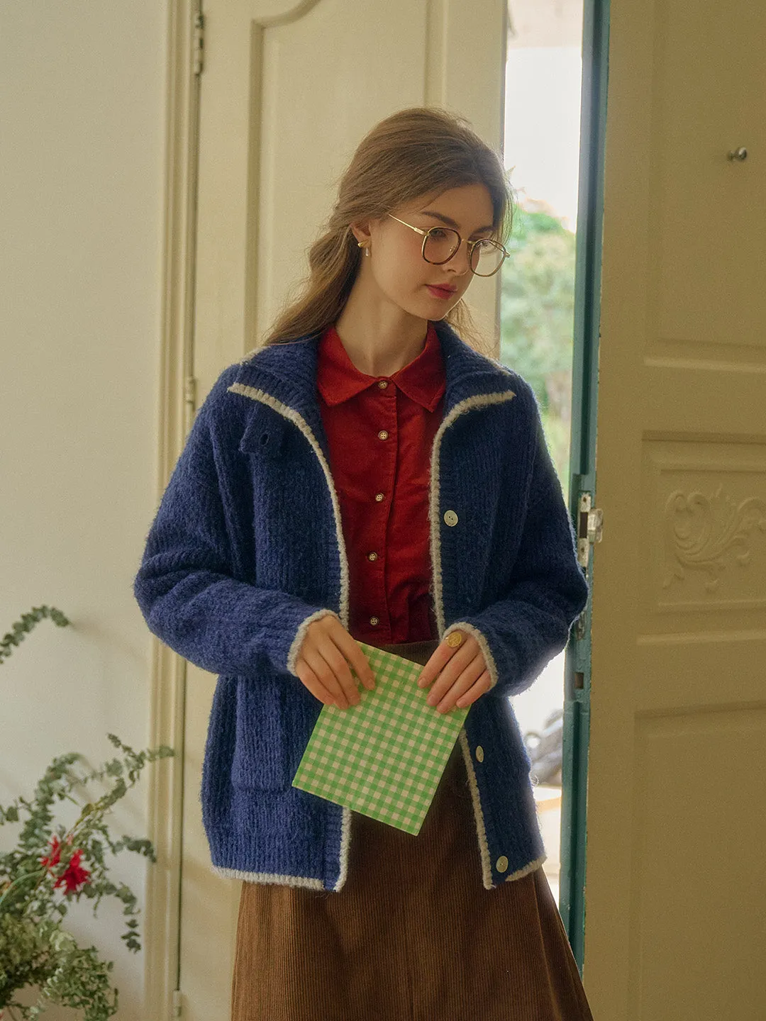 Ellis Lapel Contrasting Pocket Wool Cardigan - Blue sold by Simple Retro product image thumbnail 4