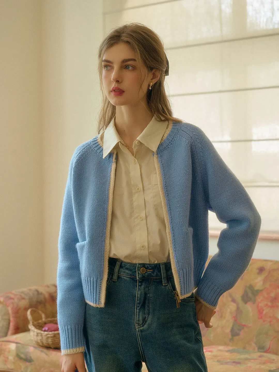 Brielle Contrasting Pocket Knit 100% Wool Cardigan - Blue sold by Simple Retro product image thumbnail 4