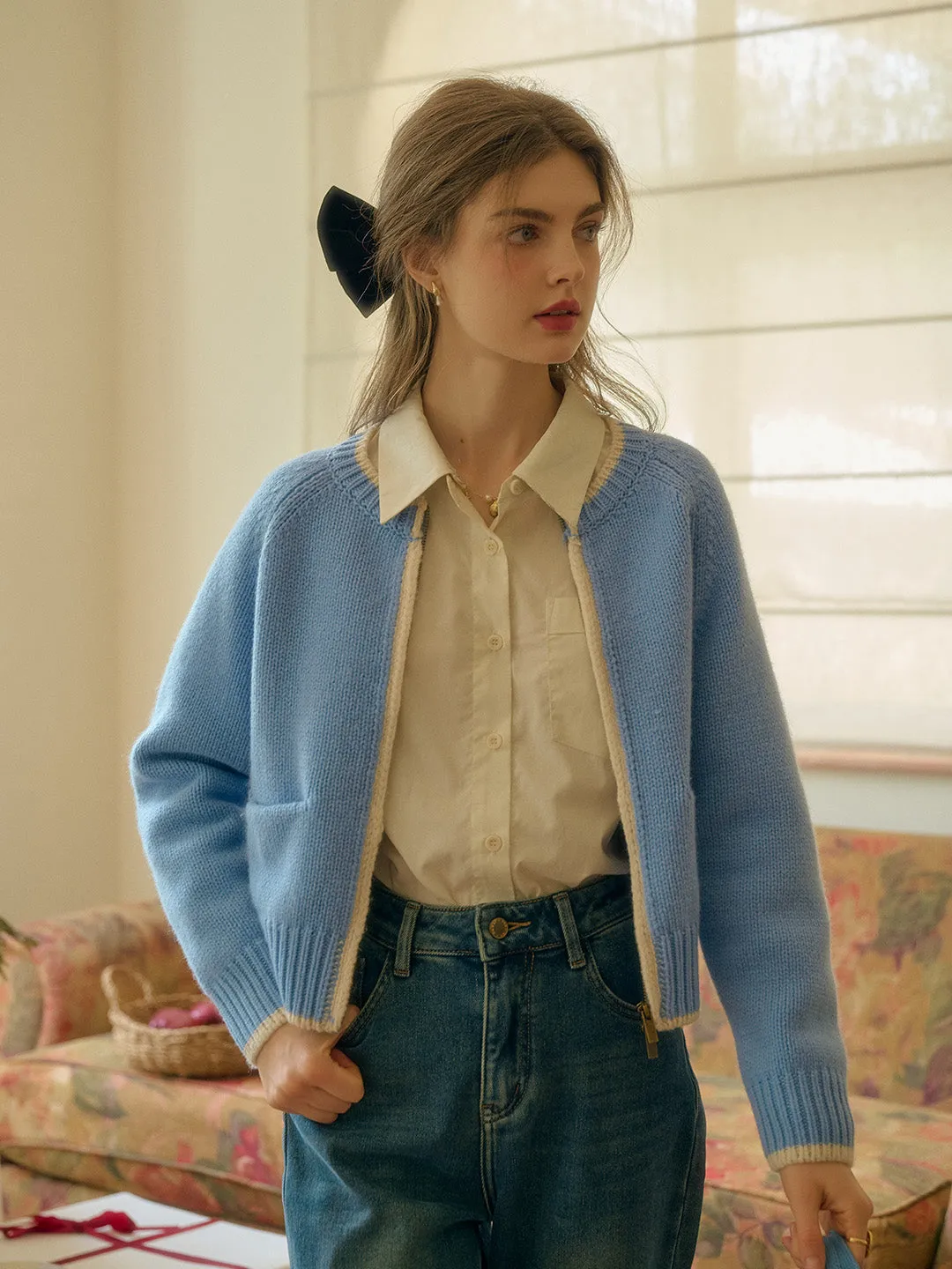 Brielle Contrasting Pocket Knit 100% Wool Cardigan - Blue sold by Simple Retro product image thumbnail 5