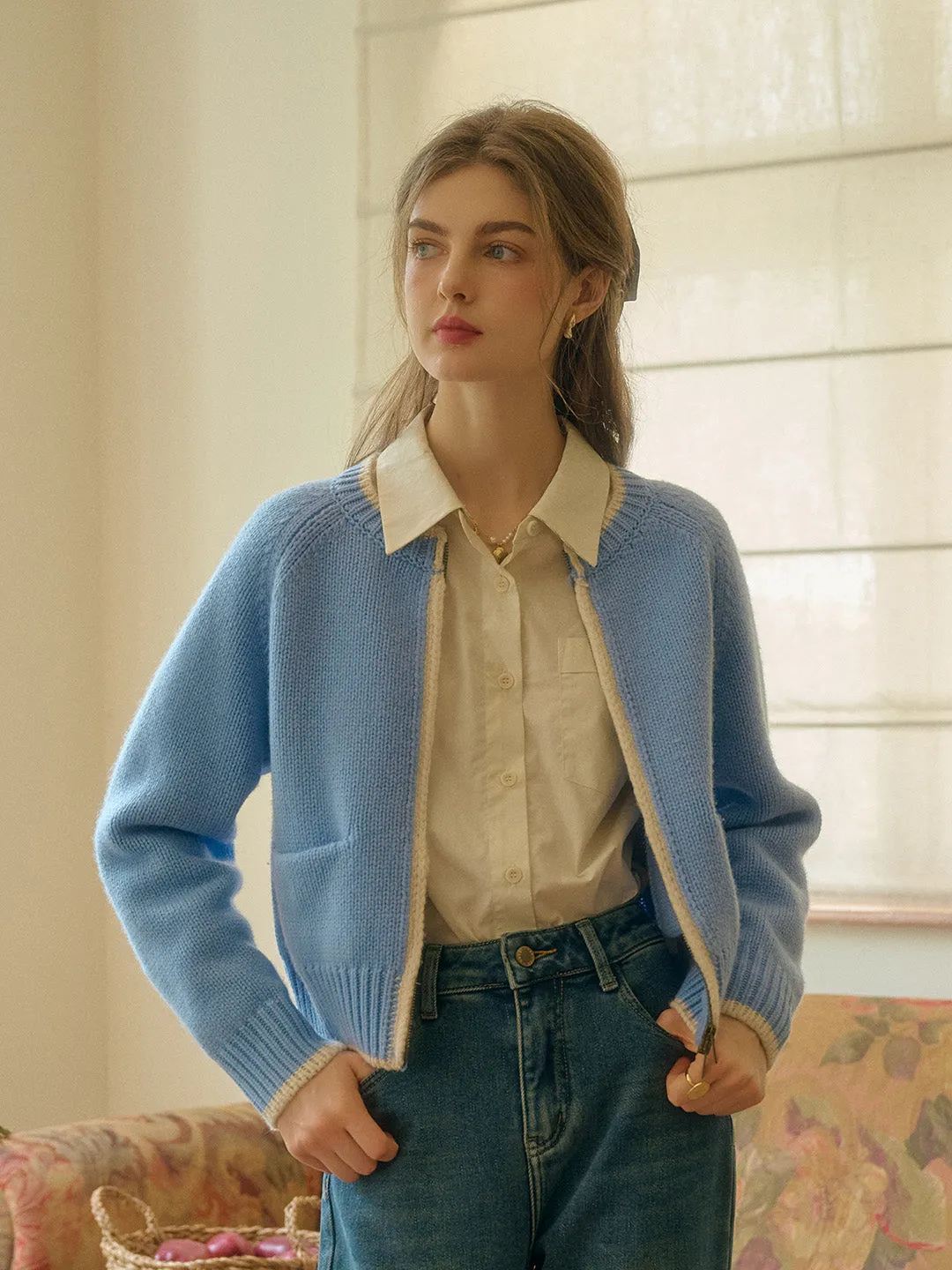 Brielle Contrasting Pocket Knit 100% Wool Cardigan - Blue sold by Simple Retro