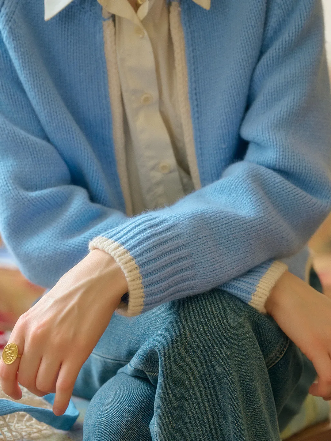 Brielle Contrasting Pocket Knit 100% Wool Cardigan - Blue sold by Simple Retro product image thumbnail 3