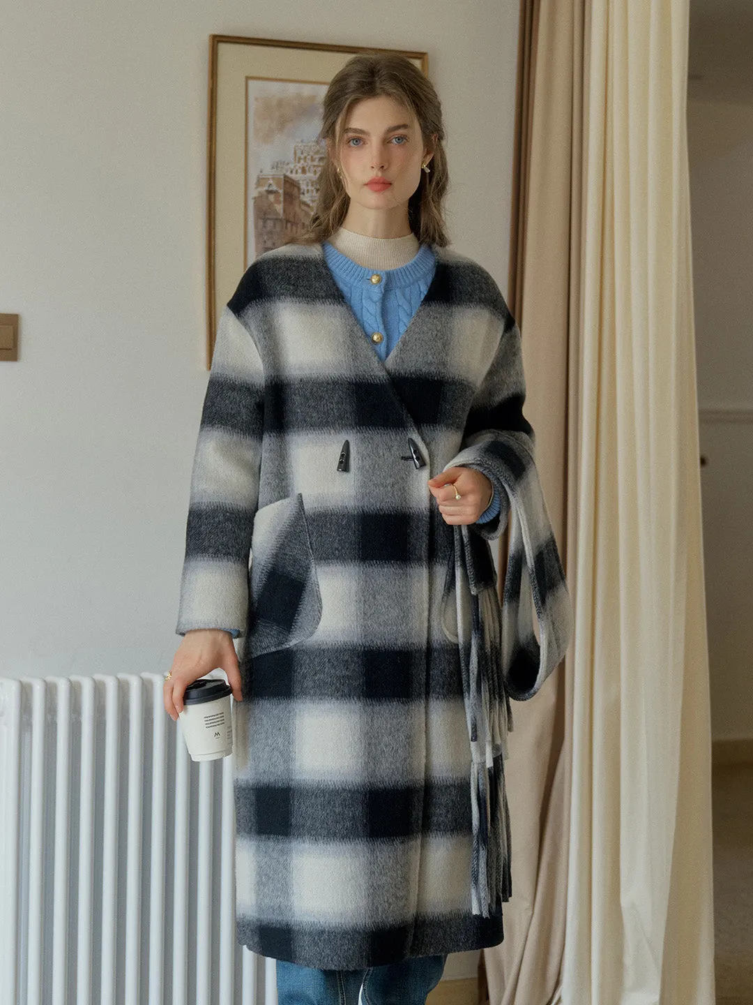 Dana Contrasting Plaid 100% Wool Coat with Double-Breasted Horn Button sold by Simple Retro product image thumbnail 4