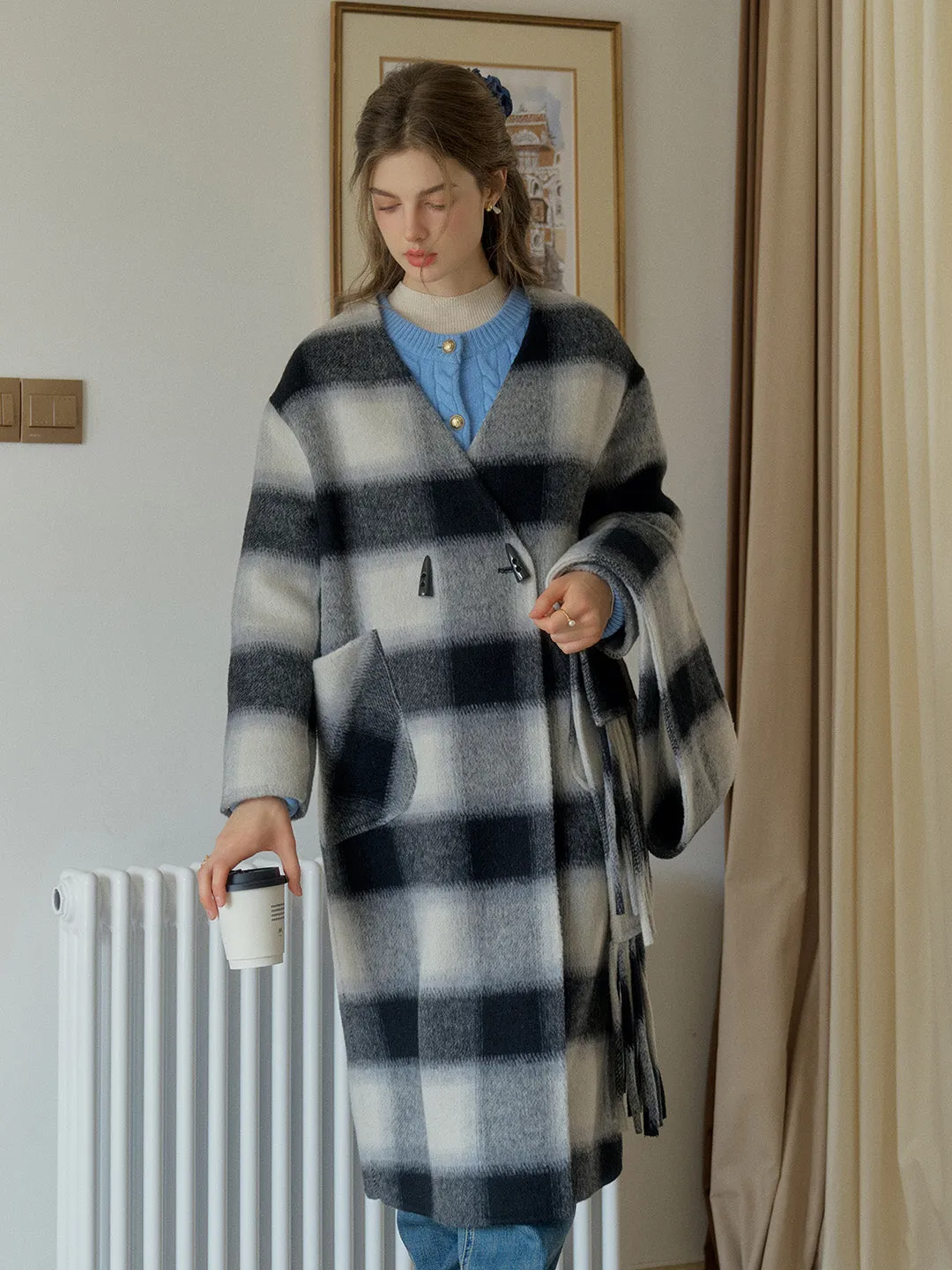 Dana Contrasting Plaid 100% Wool Coat with Double-Breasted Horn Button sold by Simple Retro product image thumbnail 3