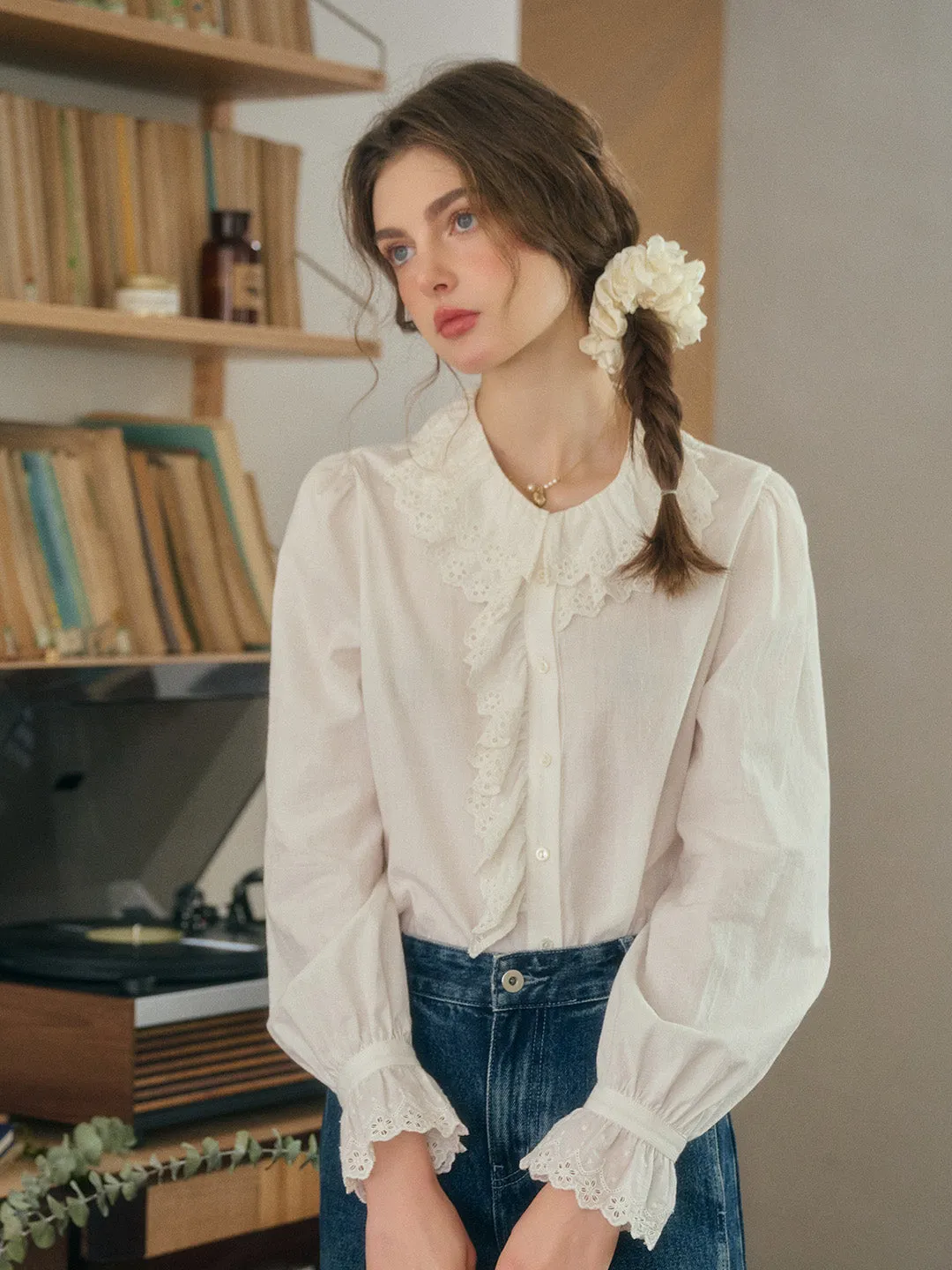 Azalea Double-Layered Lace Ruffled Collar Hollow Cotton Blouse sold by Simple Retro