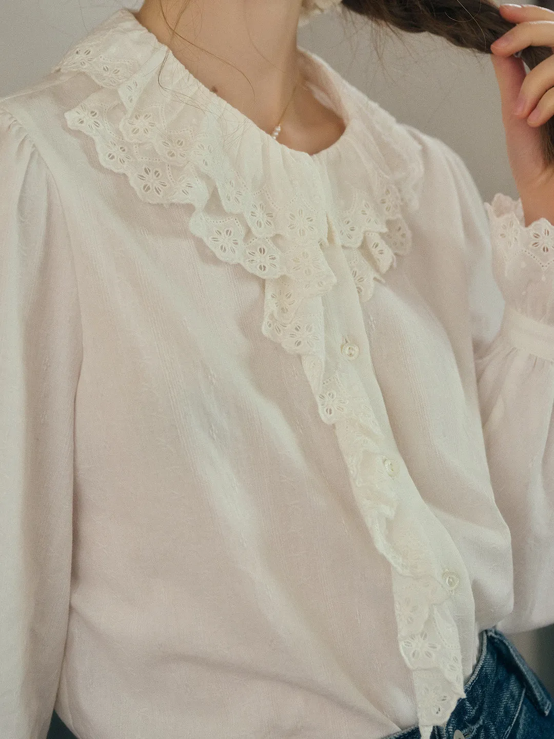 Azalea Double-Layered Lace Ruffled Collar Hollow Cotton Blouse sold by Simple Retro product image thumbnail 3