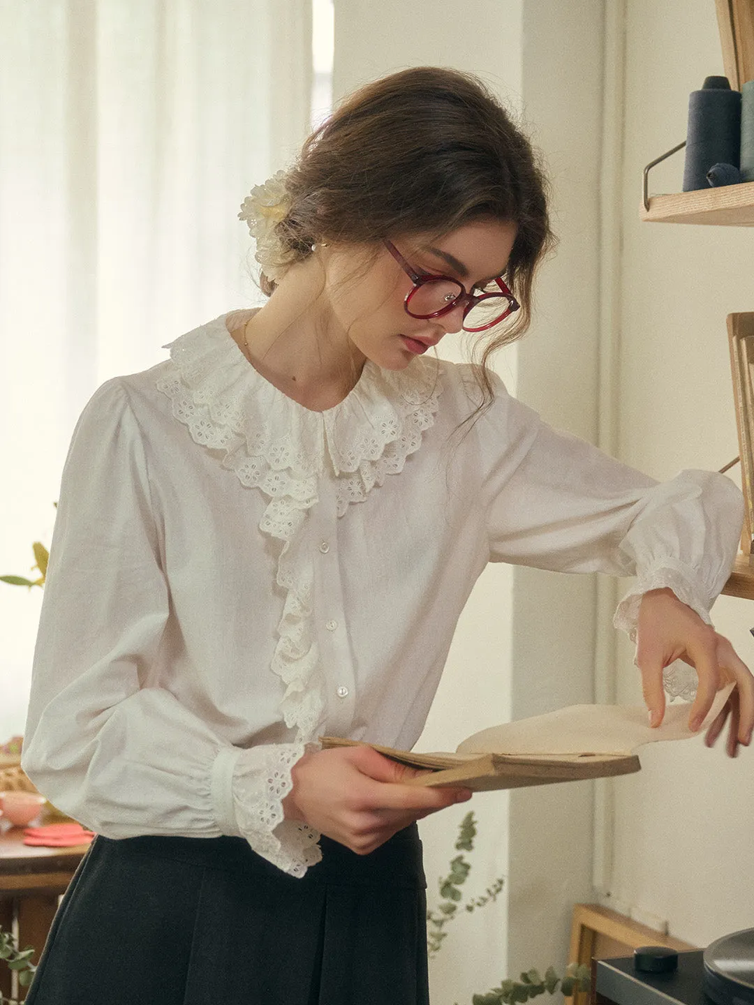 Azalea Double-Layered Lace Ruffled Collar Hollow Cotton Blouse sold by Simple Retro product image thumbnail 5