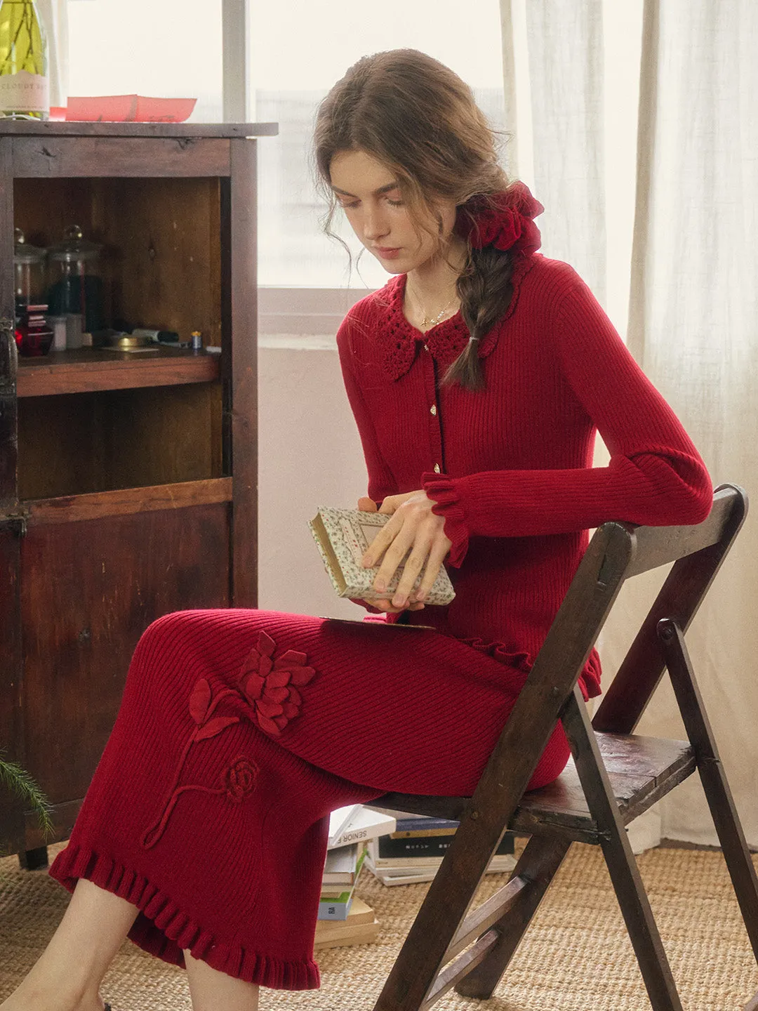 Jocelyn Red Round Neck Knit Wool Cardigan sold by Simple Retro