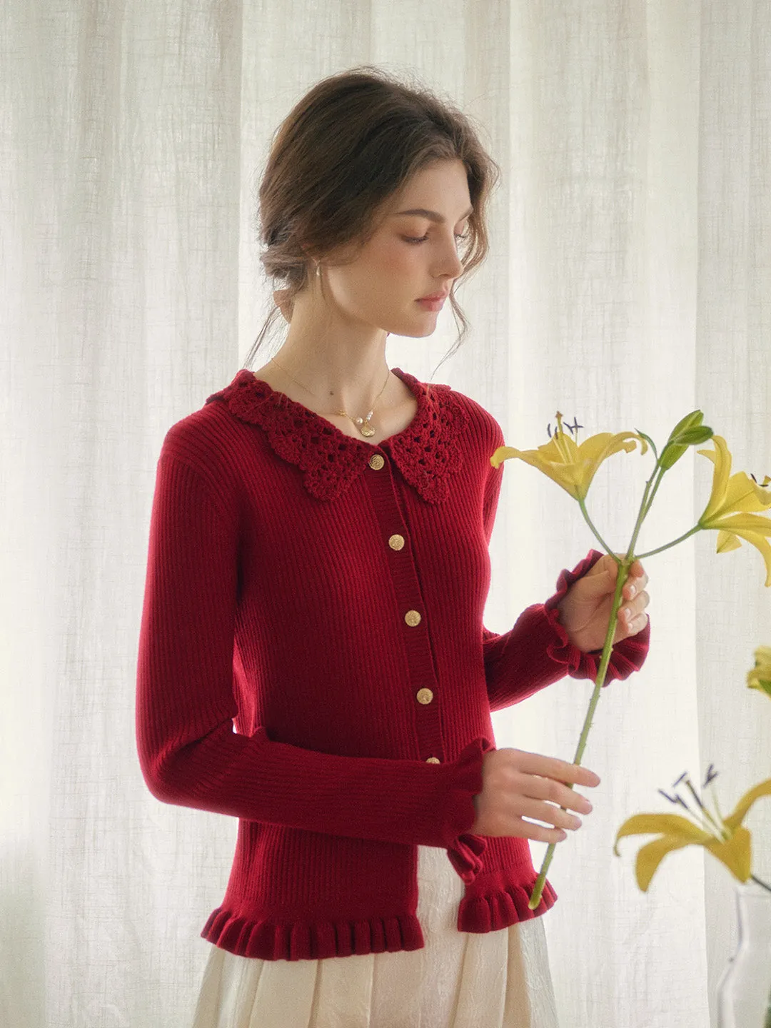 Jocelyn Red Round Neck Knit Wool Cardigan sold by Simple Retro product image thumbnail 5
