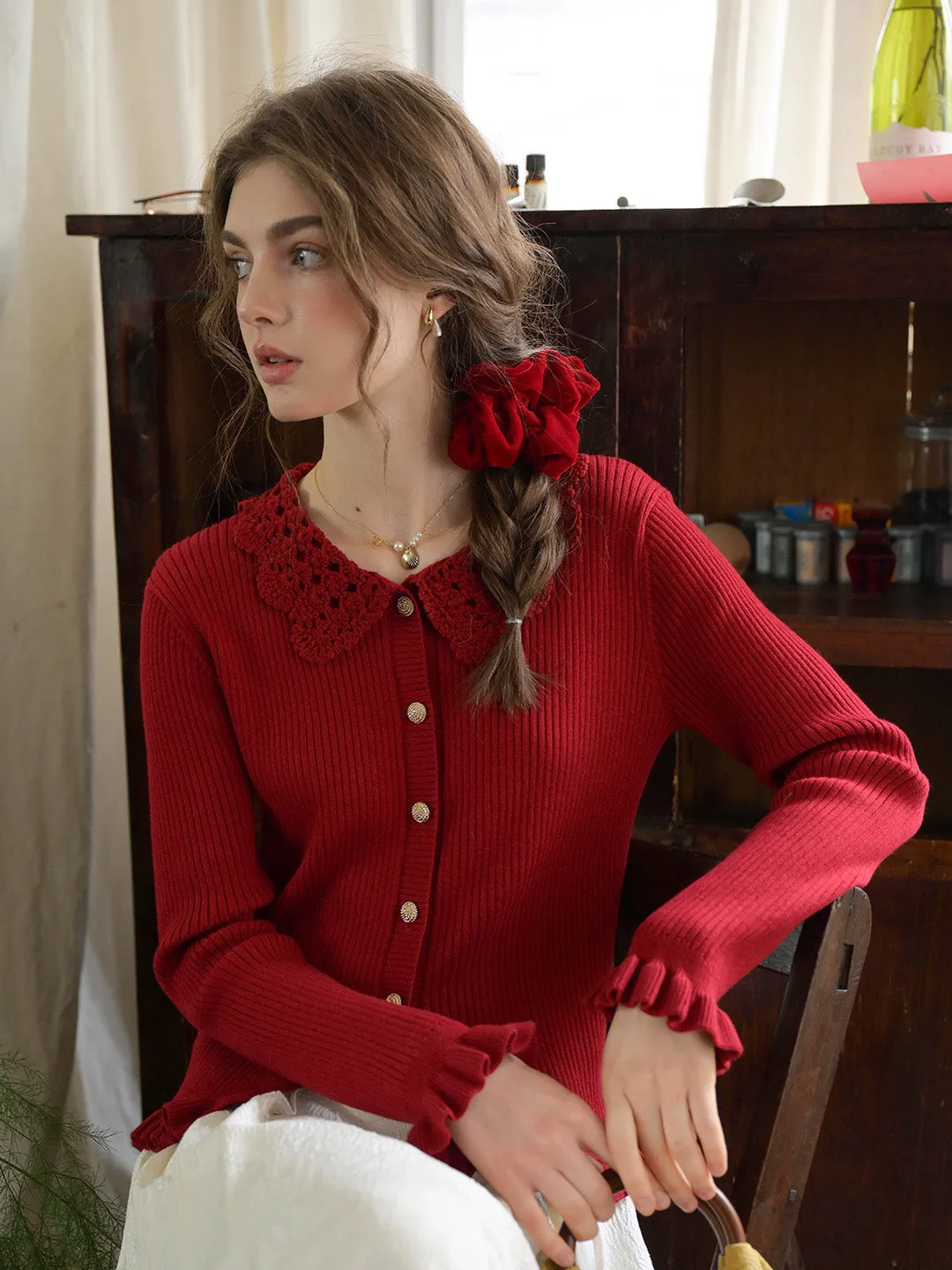 Jocelyn Red Round Neck Knit Wool Cardigan sold by Simple Retro product image thumbnail 3
