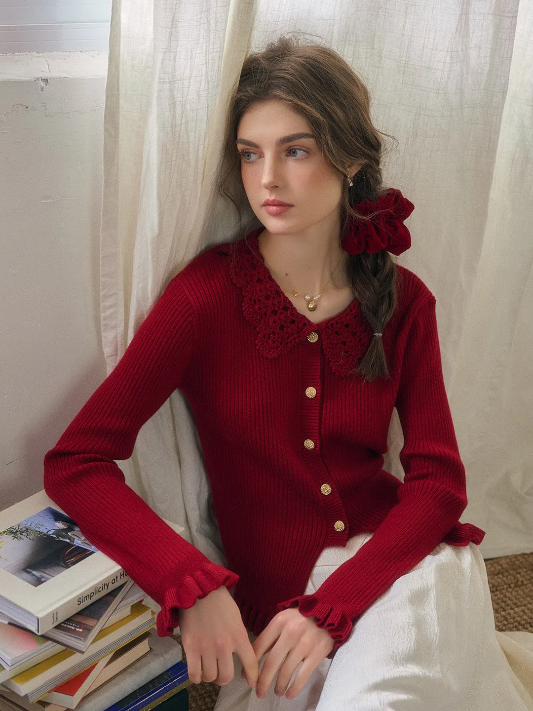 Jocelyn Red Round Neck Knit Wool Cardigan sold by Simple Retro product image thumbnail 4