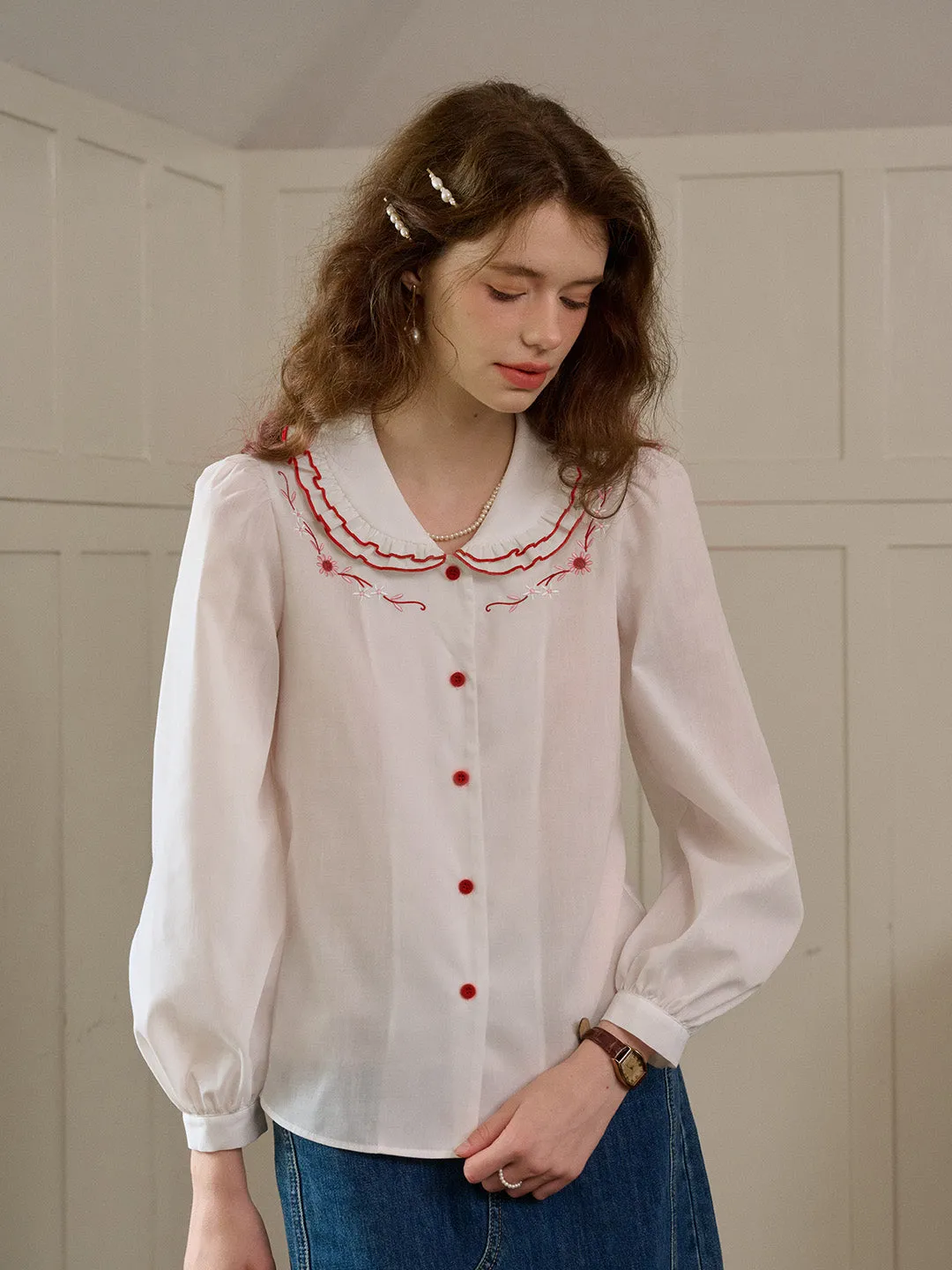 【Final Sale】Maren Peter Pan Collar Floral Embroidery Blouse - White sold by Simple Retro product image thumbnail 4