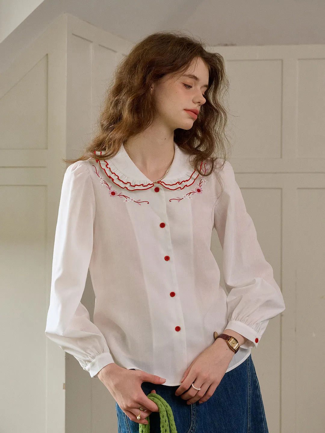 【Final Sale】Maren Peter Pan Collar Floral Embroidery Blouse - White sold by Simple Retro