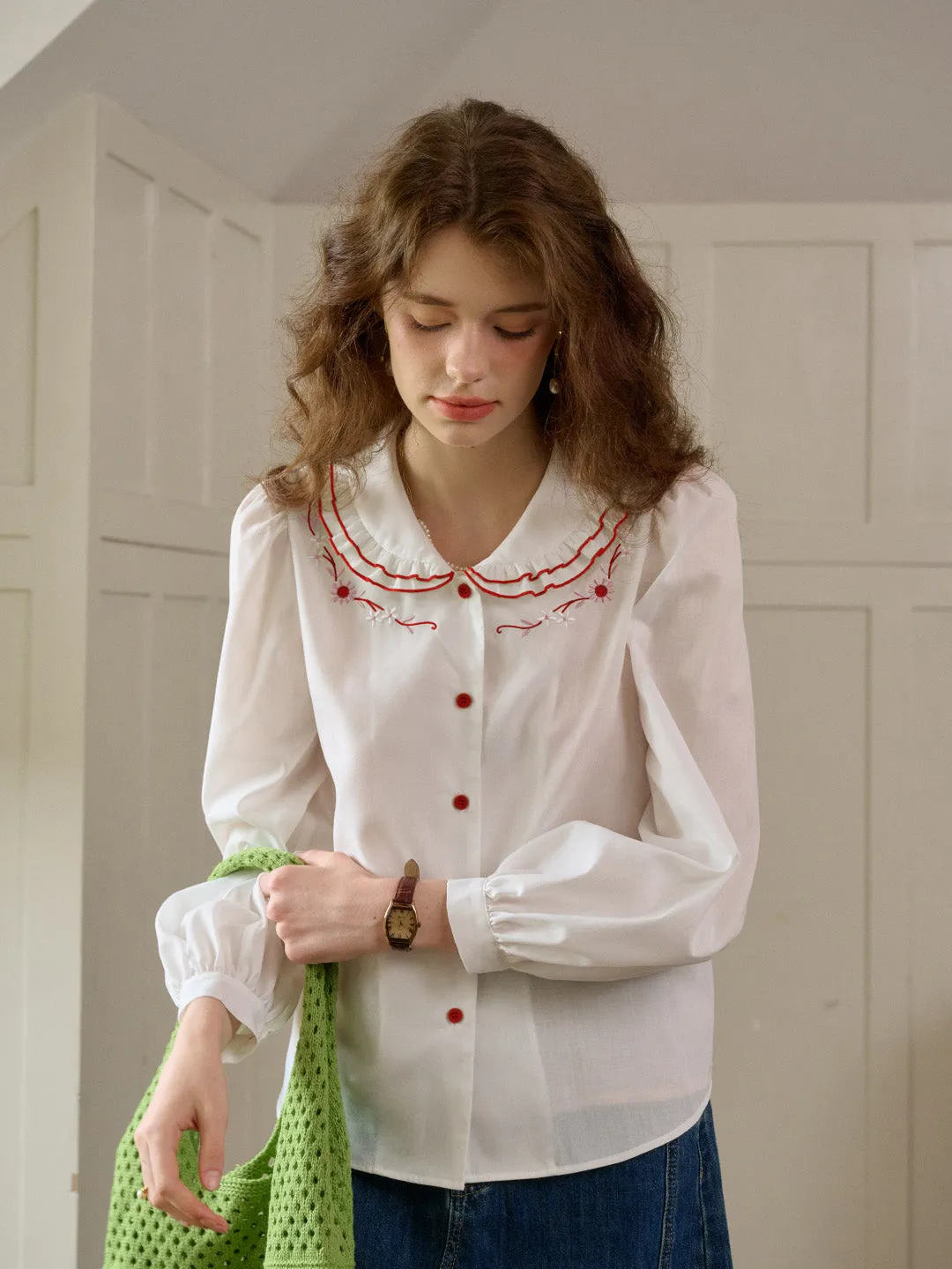 【Final Sale】Maren Peter Pan Collar Floral Embroidery Blouse - White sold by Simple Retro product image thumbnail 5