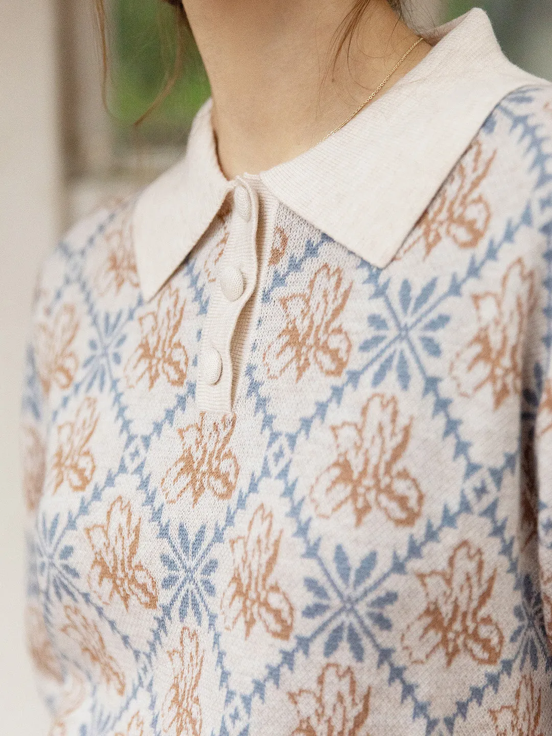 【Final Sale】Tamsin Polo Collar Floral Knit Wool Top - Gray sold by Simple Retro product image thumbnail 3