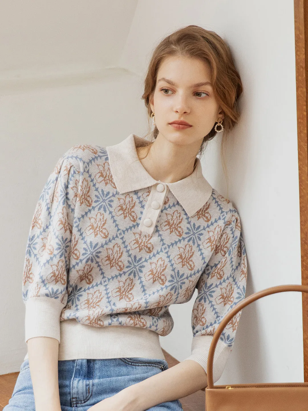 【Final Sale】Tamsin Polo Collar Floral Knit Wool Top - Gray sold by Simple Retro