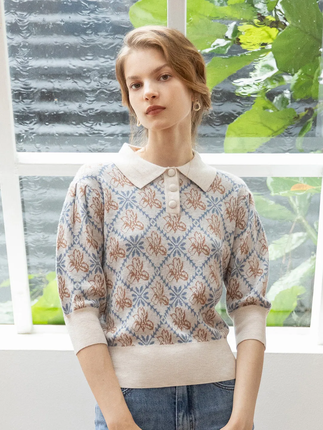 【Final Sale】Tamsin Polo Collar Floral Knit Wool Top - Gray sold by Simple Retro product image thumbnail 4