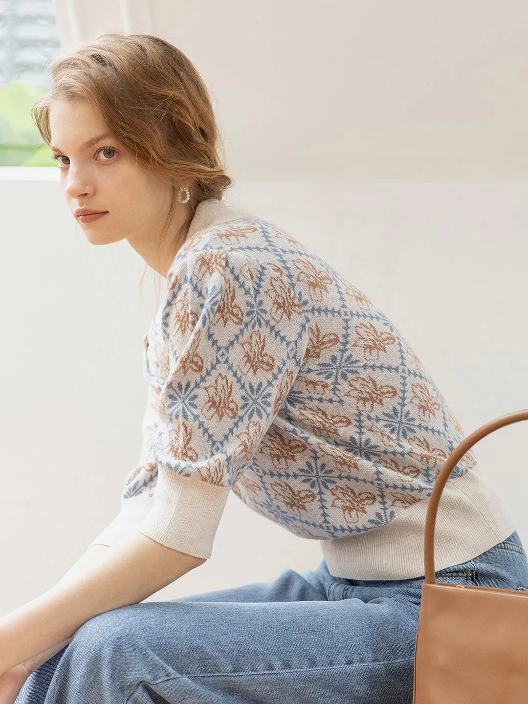 【Final Sale】Tamsin Polo Collar Floral Knit Wool Top - Gray sold by Simple Retro product image thumbnail 5