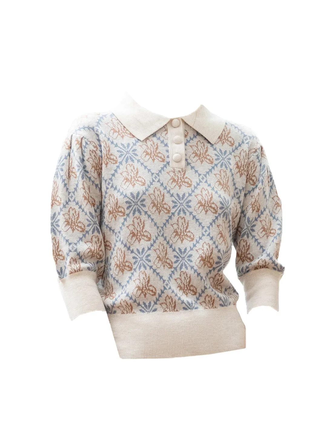 【Final Sale】Tamsin Polo Collar Floral Knit Wool Top - Gray sold by Simple Retro product image thumbnail 2