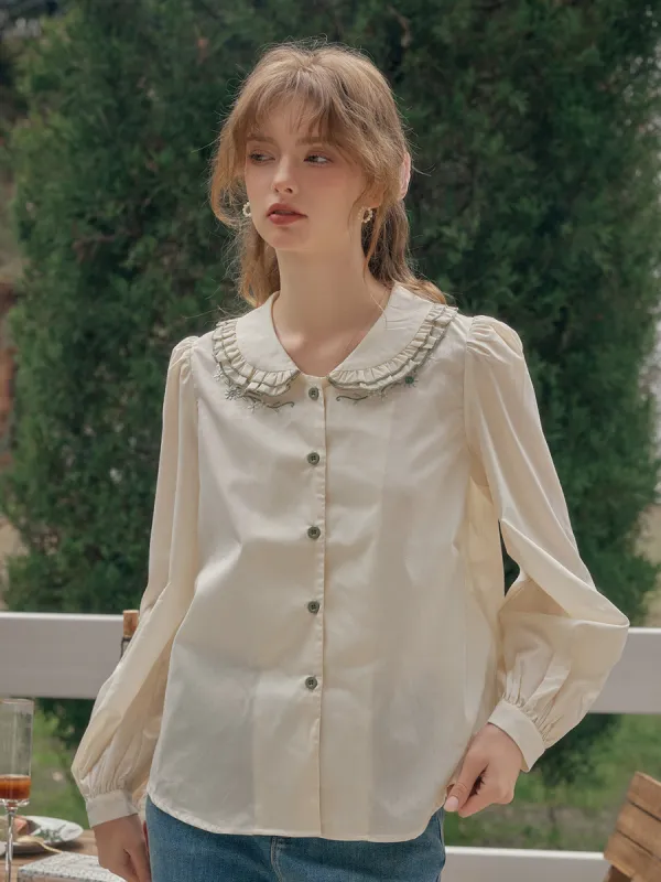 【Final Sale】Maren Peter Pan Collar Floral Embroidery Blouse - Apricot sold by Simple Retro