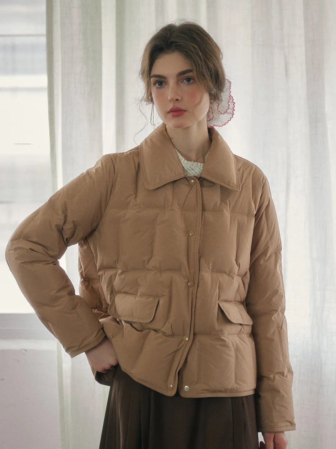 Bea Notched Collar Pocket Down Jacket - Khaki sold by Simple Retro product image thumbnail 4