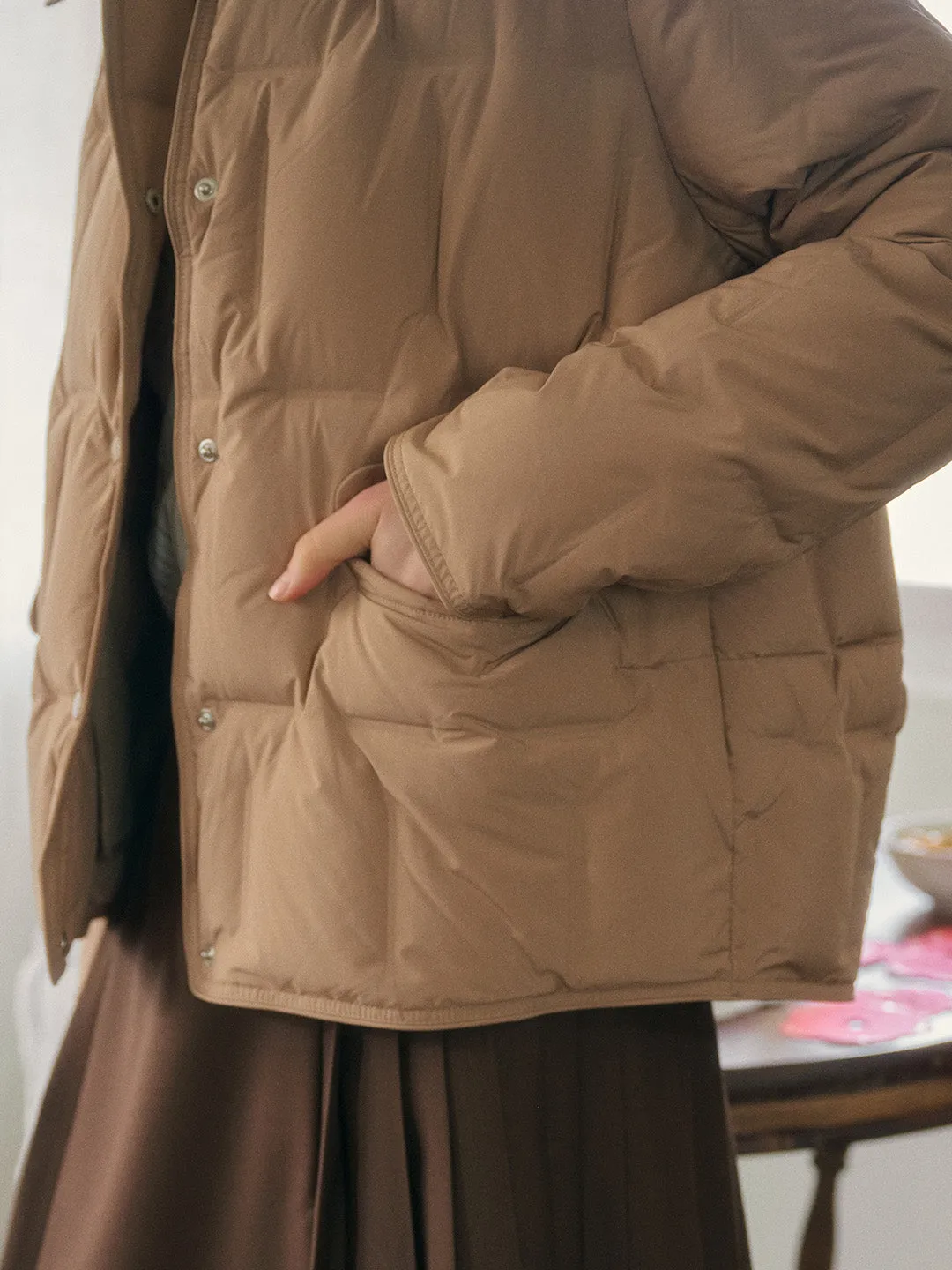 Bea Notched Collar Pocket Down Jacket - Khaki sold by Simple Retro product image thumbnail 3