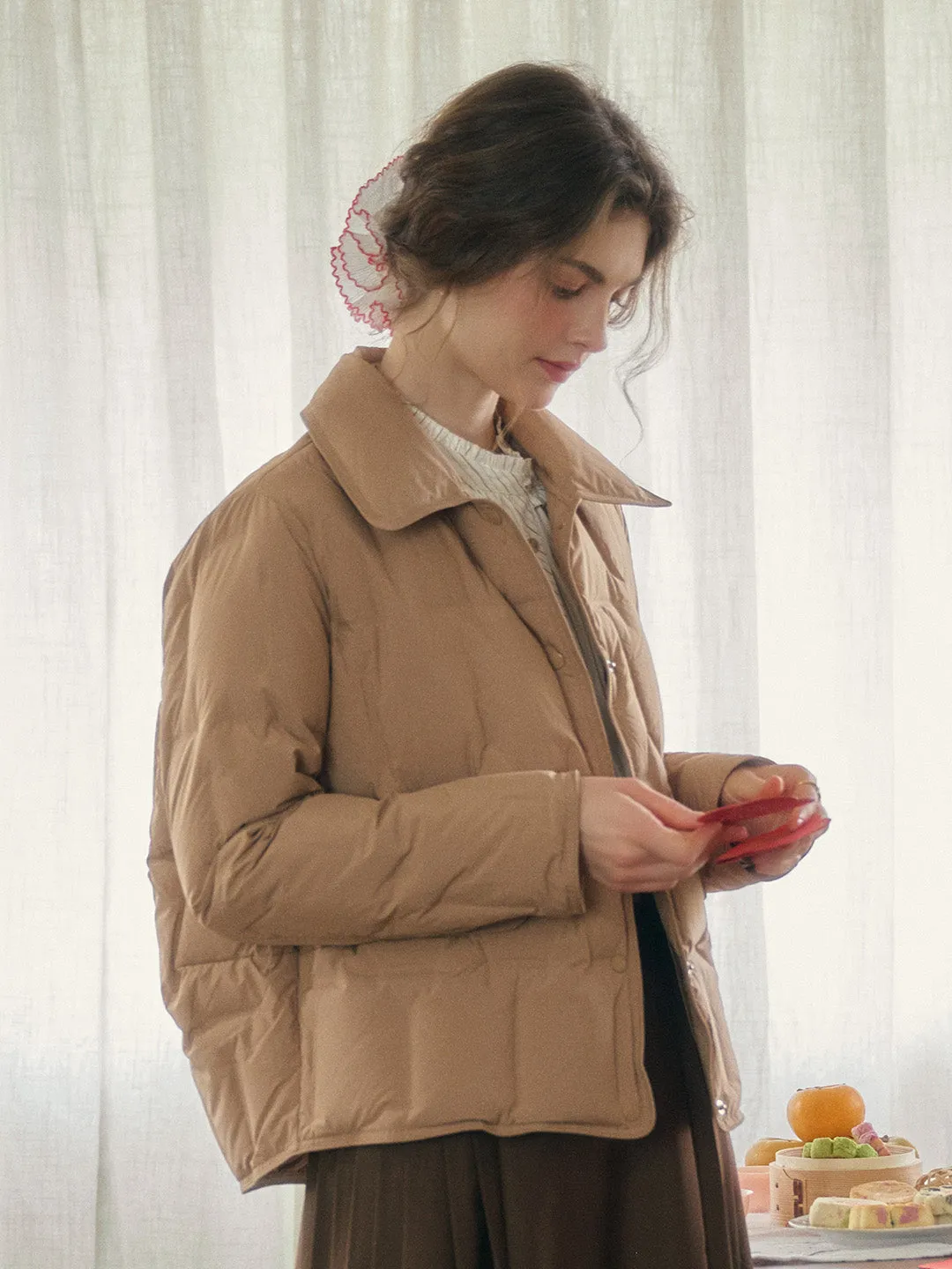 Bea Notched Collar Pocket Down Jacket - Khaki sold by Simple Retro product image thumbnail 5