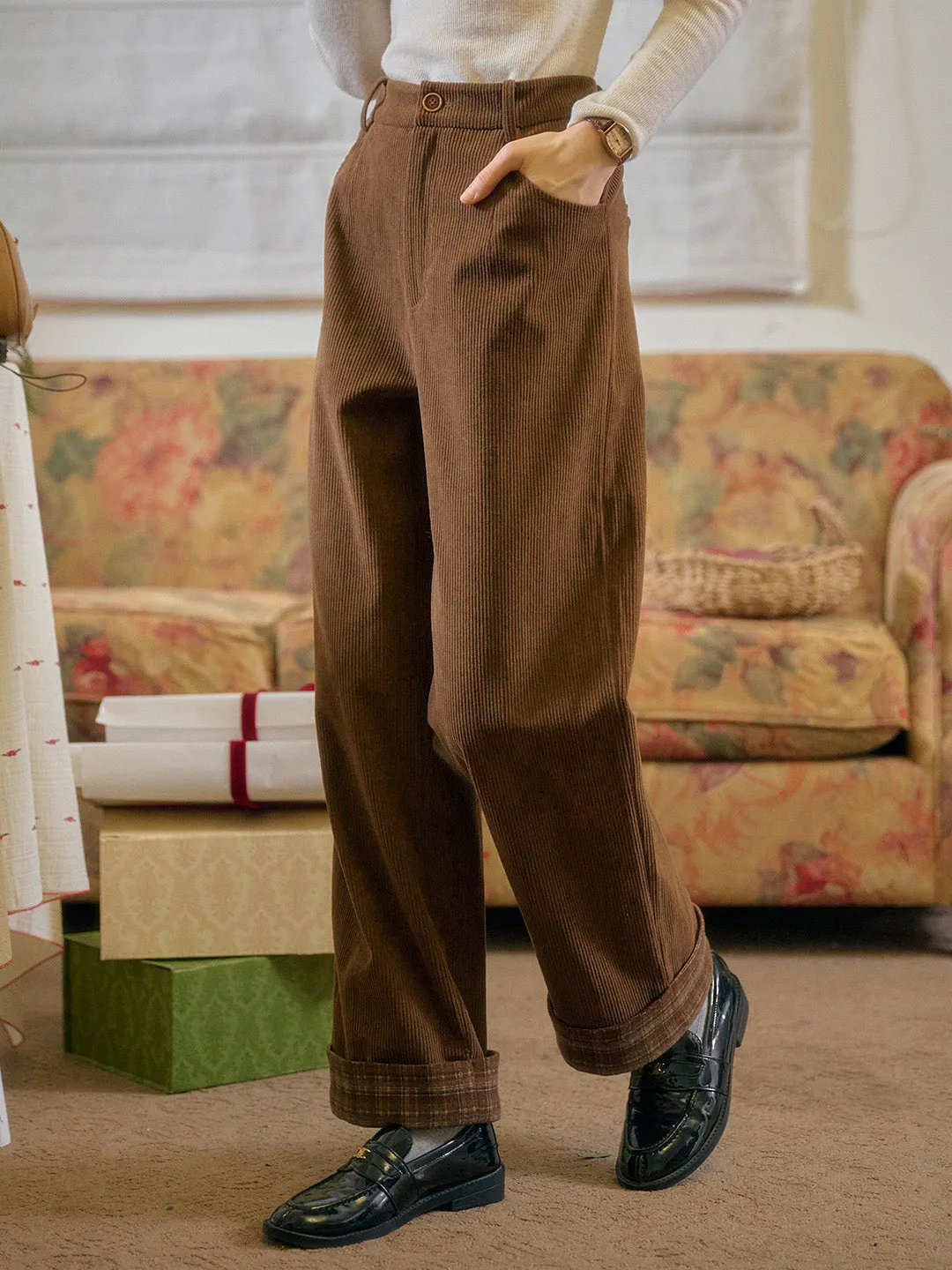 Lila Classic Corduroy Straight Trousers - Brown sold by Simple Retro