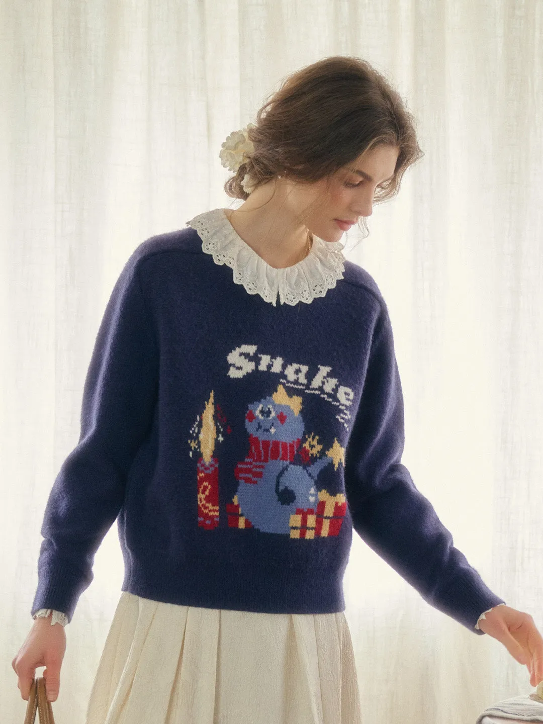 Paloma Round Neck Snake Pattern Wool Sweater sold by Simple Retro product image thumbnail 3