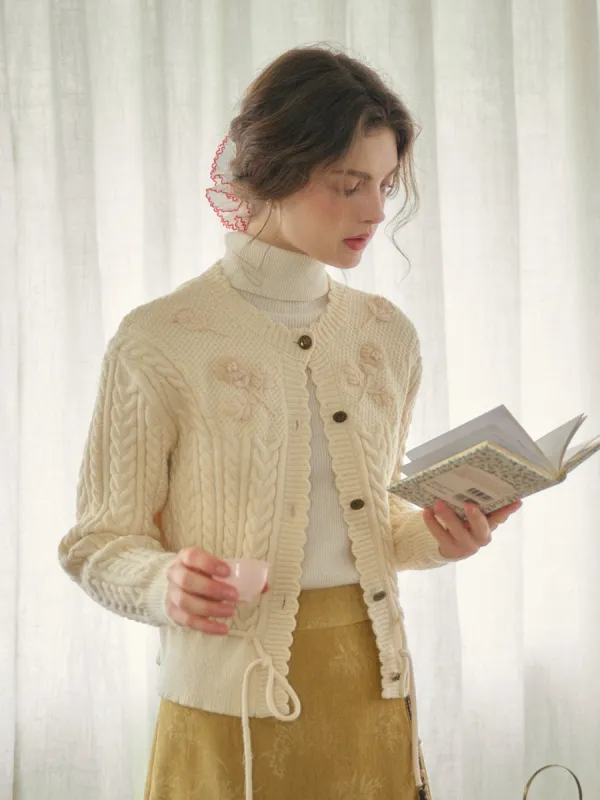 Vesper Wavy Neck Ribbed Wool Cardigan - Apricot sold by Simple Retro