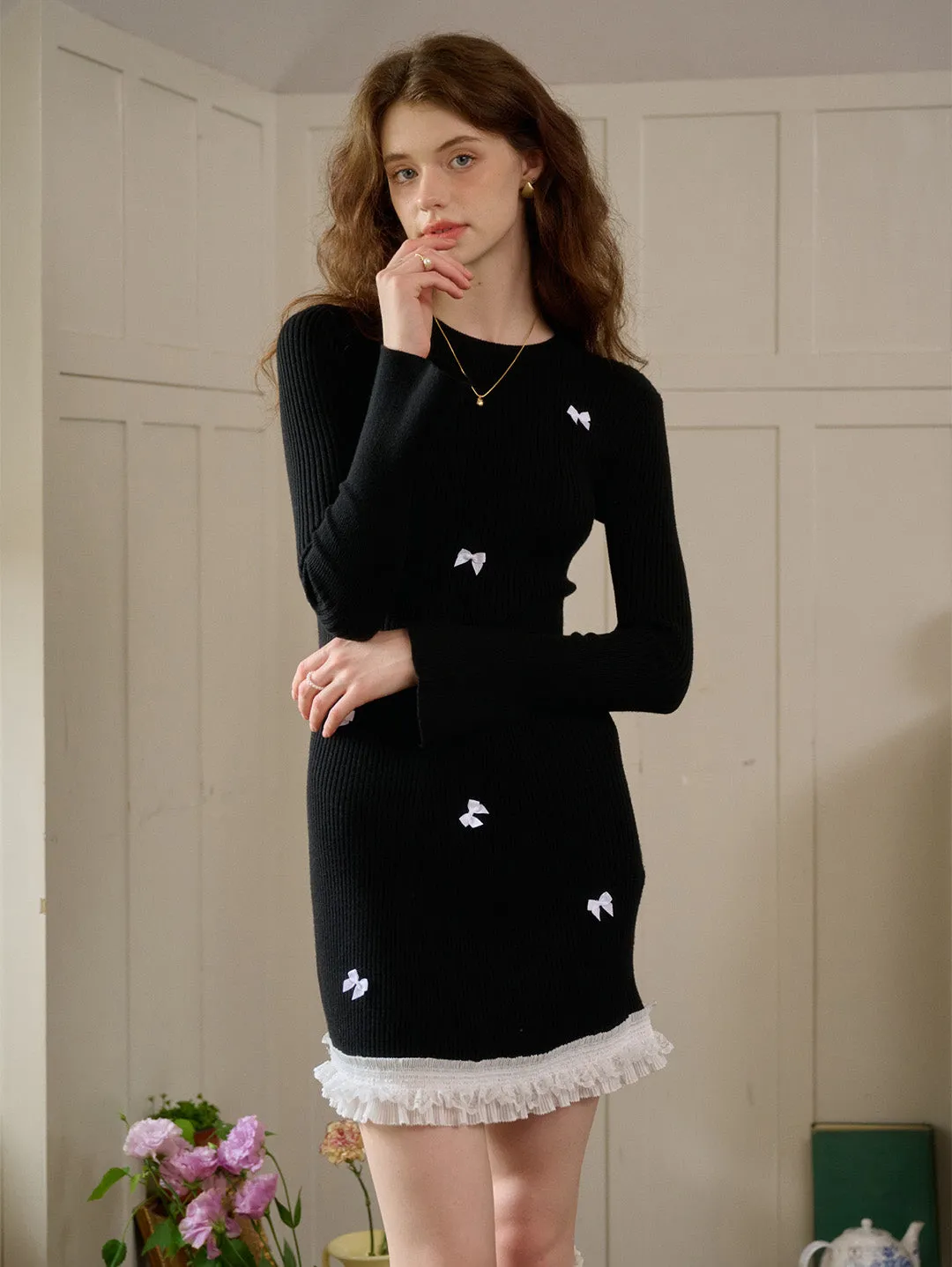 【Final Sale】Rhea Round Neck Bow Knit Dress sold by Simple Retro product image thumbnail 3