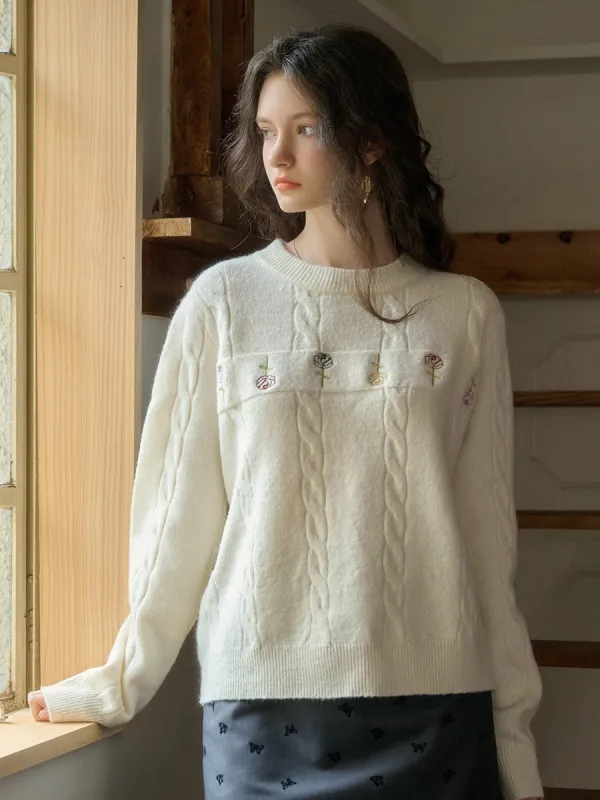 【Final Sale】Rebecca Round Neck Ribbed Rose Wool Sweater sold by Simple Retro
