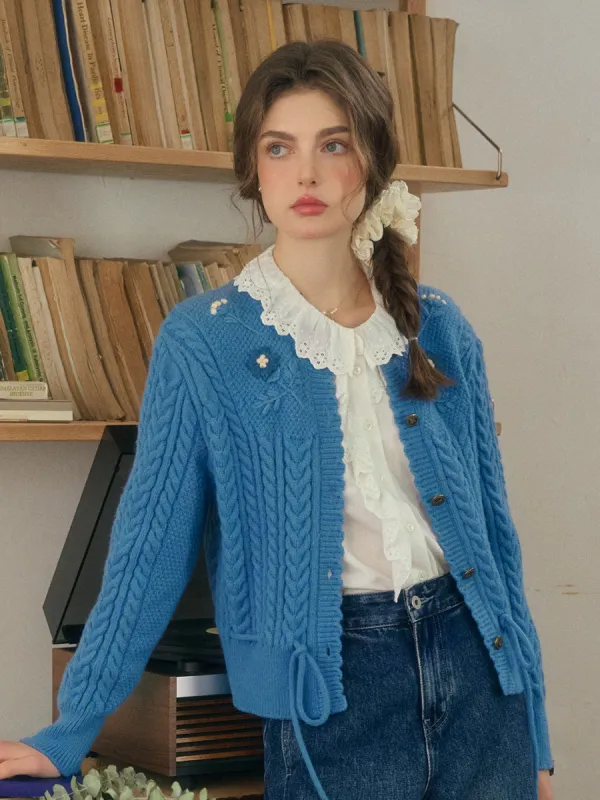 Vesper Wavy Neck Ribbed Wool Cardigan - Blue sold by Simple Retro