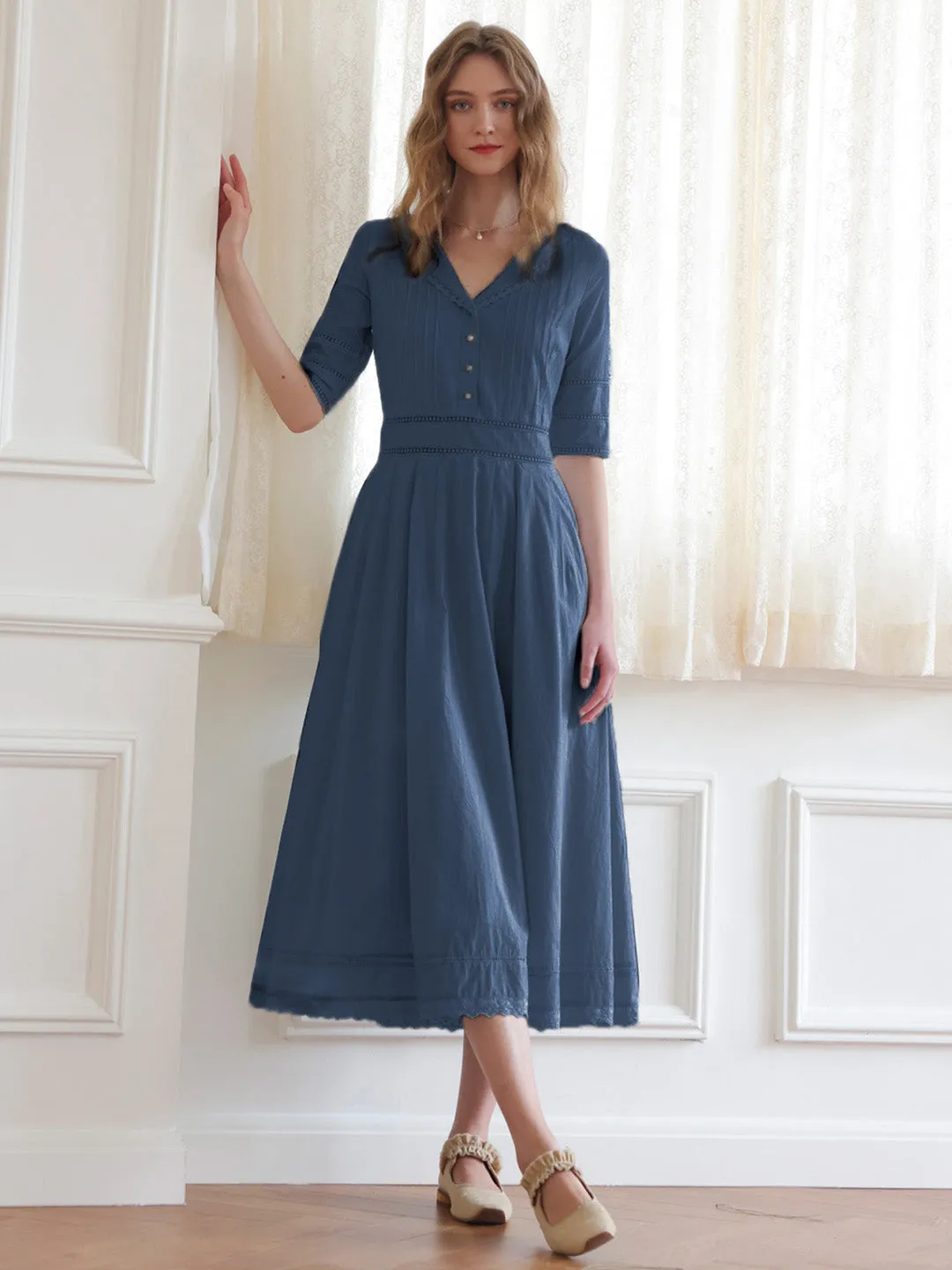 Fiona 100% Cotton Demin Blue Midi Dress sold by Simple Retro product image thumbnail 3
