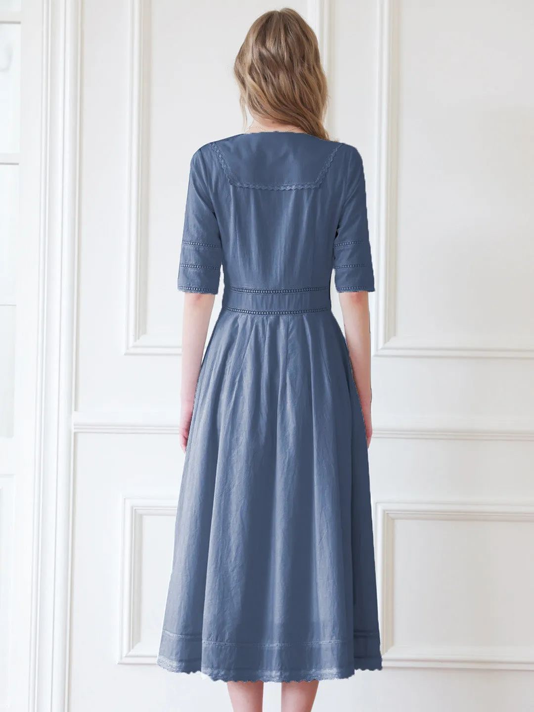Fiona 100% Cotton Demin Blue Midi Dress sold by Simple Retro product image thumbnail 5