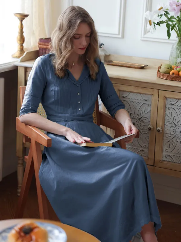 Fiona 100% Cotton Demin Blue Midi Dress sold by Simple Retro