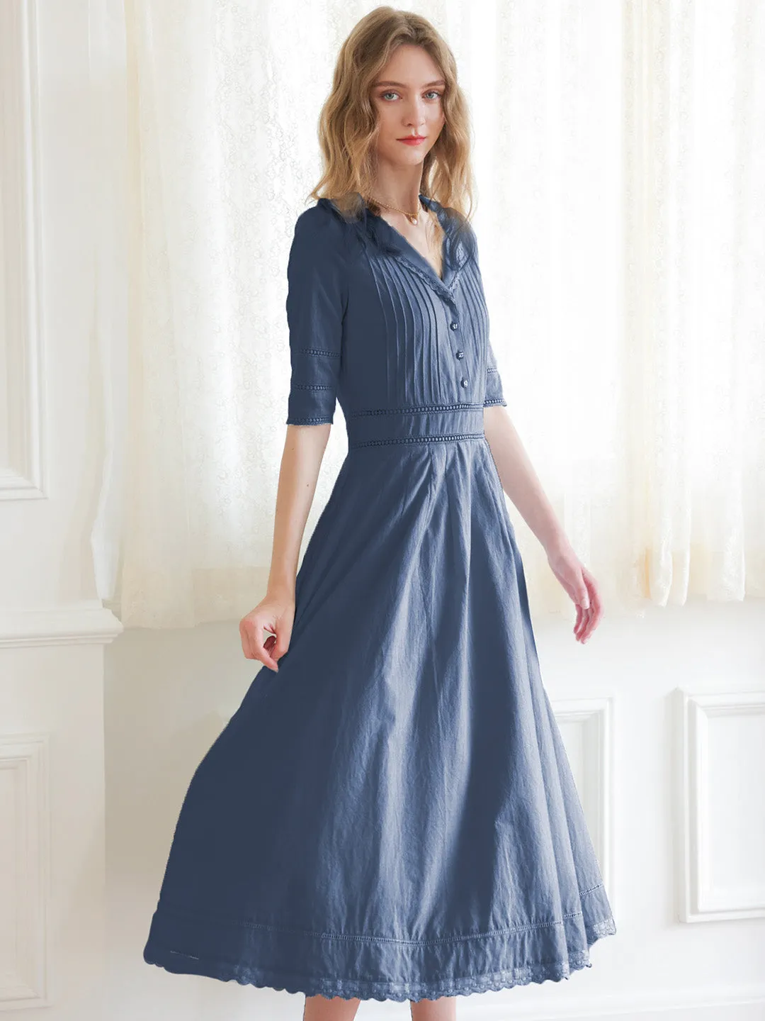 Fiona 100% Cotton Demin Blue Midi Dress sold by Simple Retro product image thumbnail 4