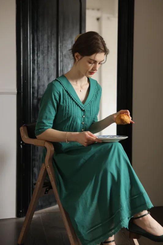 Fiona 100% Cotton Emerald Green Midi Dress sold by Simple Retro