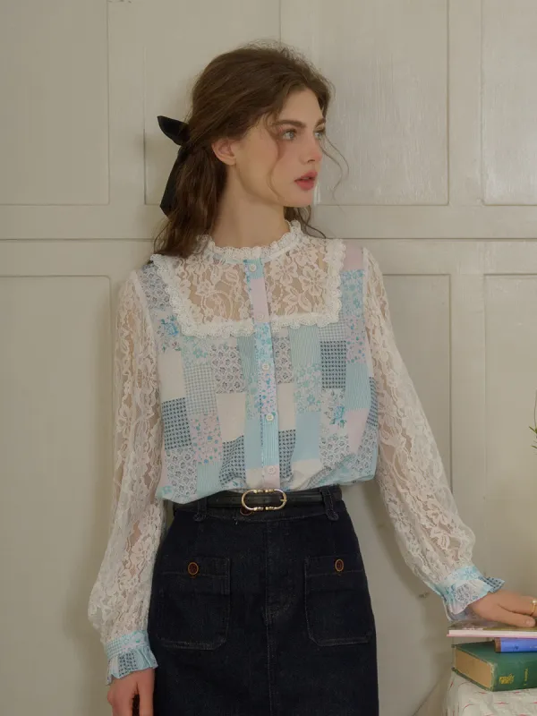 Vivienne Lace Collar Patchwork Blouse - Blue sold by Simple Retro