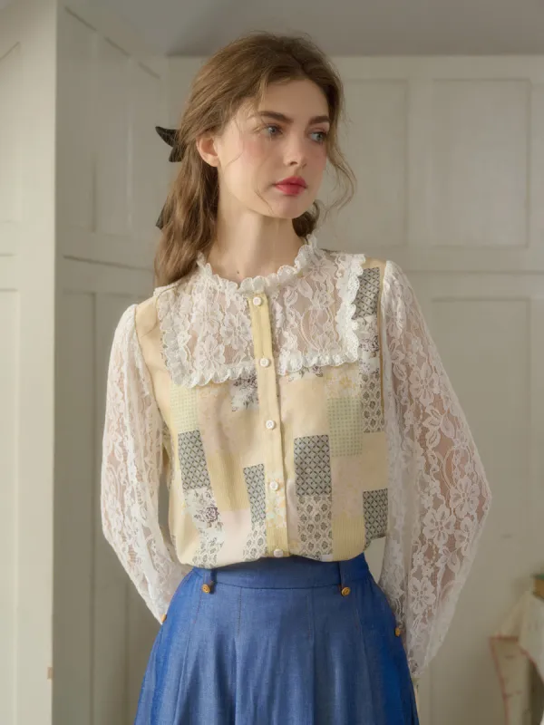 Vivienne Lace Collar Patchwork Blouse - Yellow sold by Simple Retro