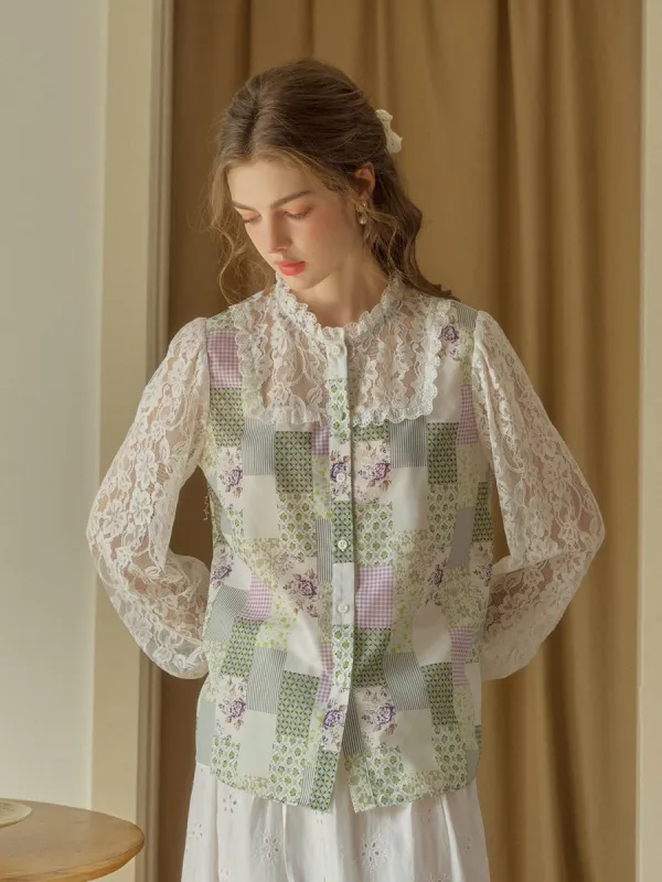 【Final Sale】Vivienne Lace Collar Patchwork Blouse - Green made by Simple Retro