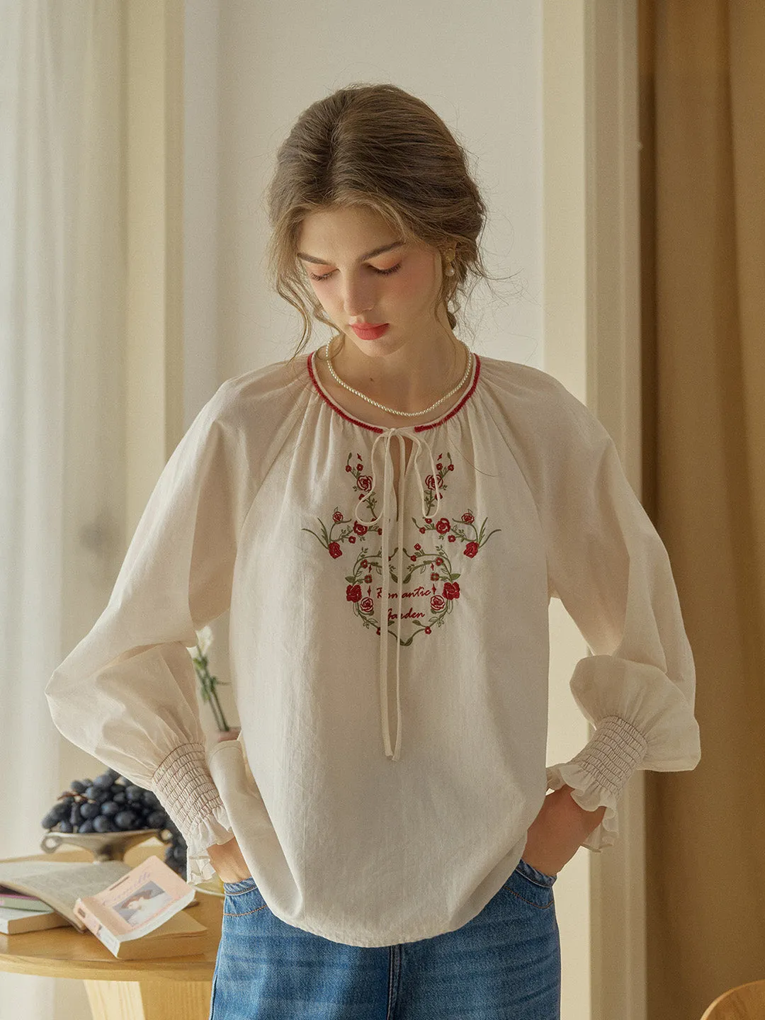 【Final Sale】Chloris Round Neck Rose Embroidered Blouse sold by Simple Retro product image thumbnail 2