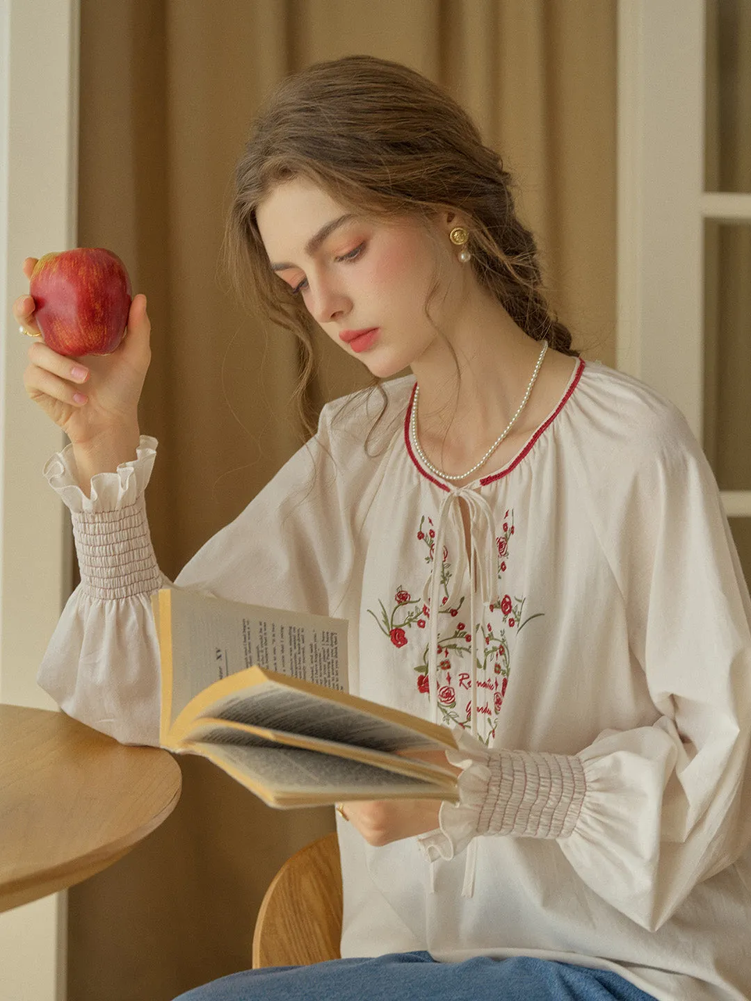 【Final Sale】Chloris Round Neck Rose Embroidered Blouse sold by Simple Retro