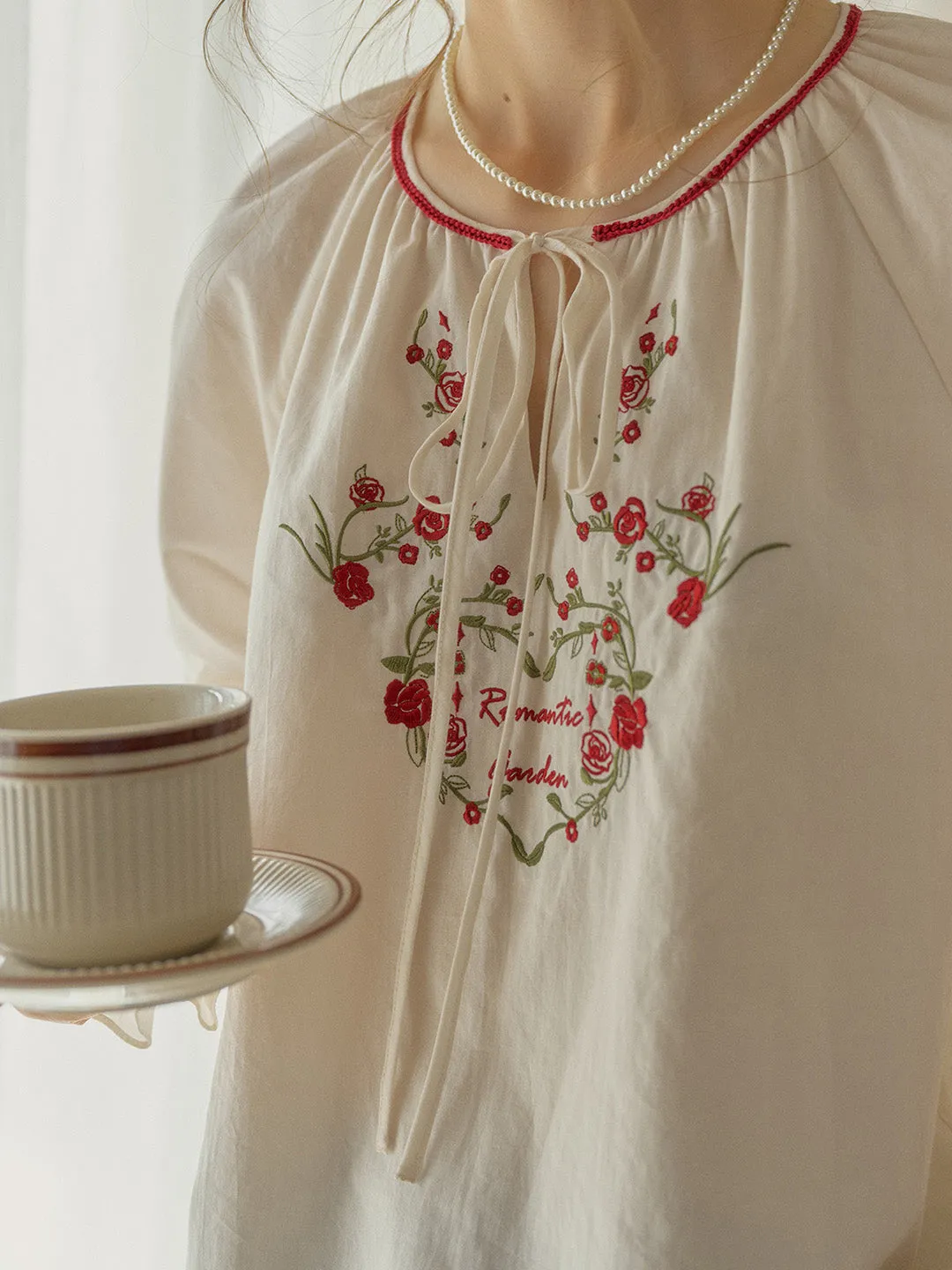 【Final Sale】Chloris Round Neck Rose Embroidered Blouse sold by Simple Retro product image thumbnail 3